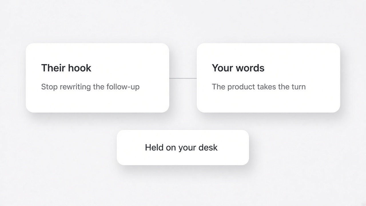 A kept hook rewritten in your words, held on the desk