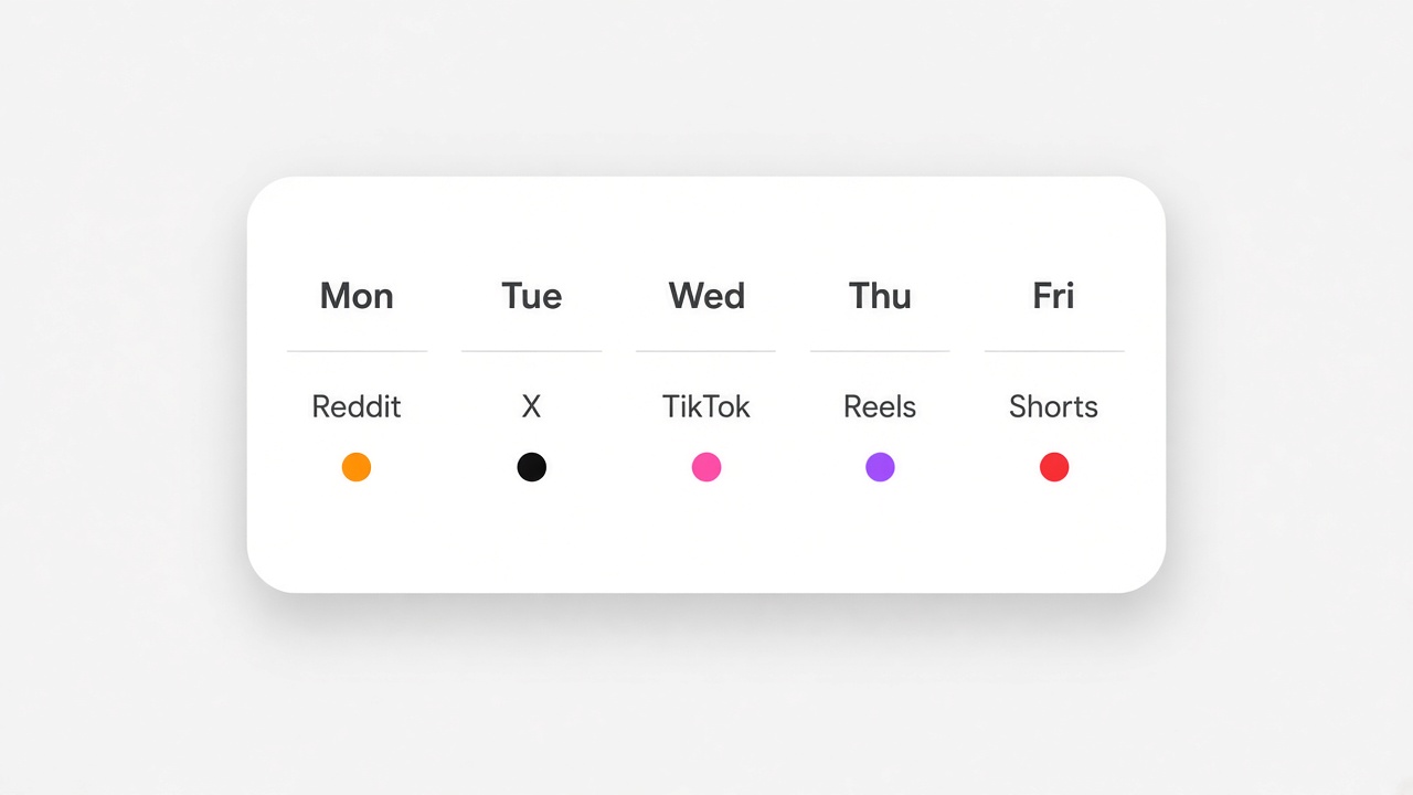 Monday through Friday labeled Reddit, X, TikTok, Reels, and Shorts