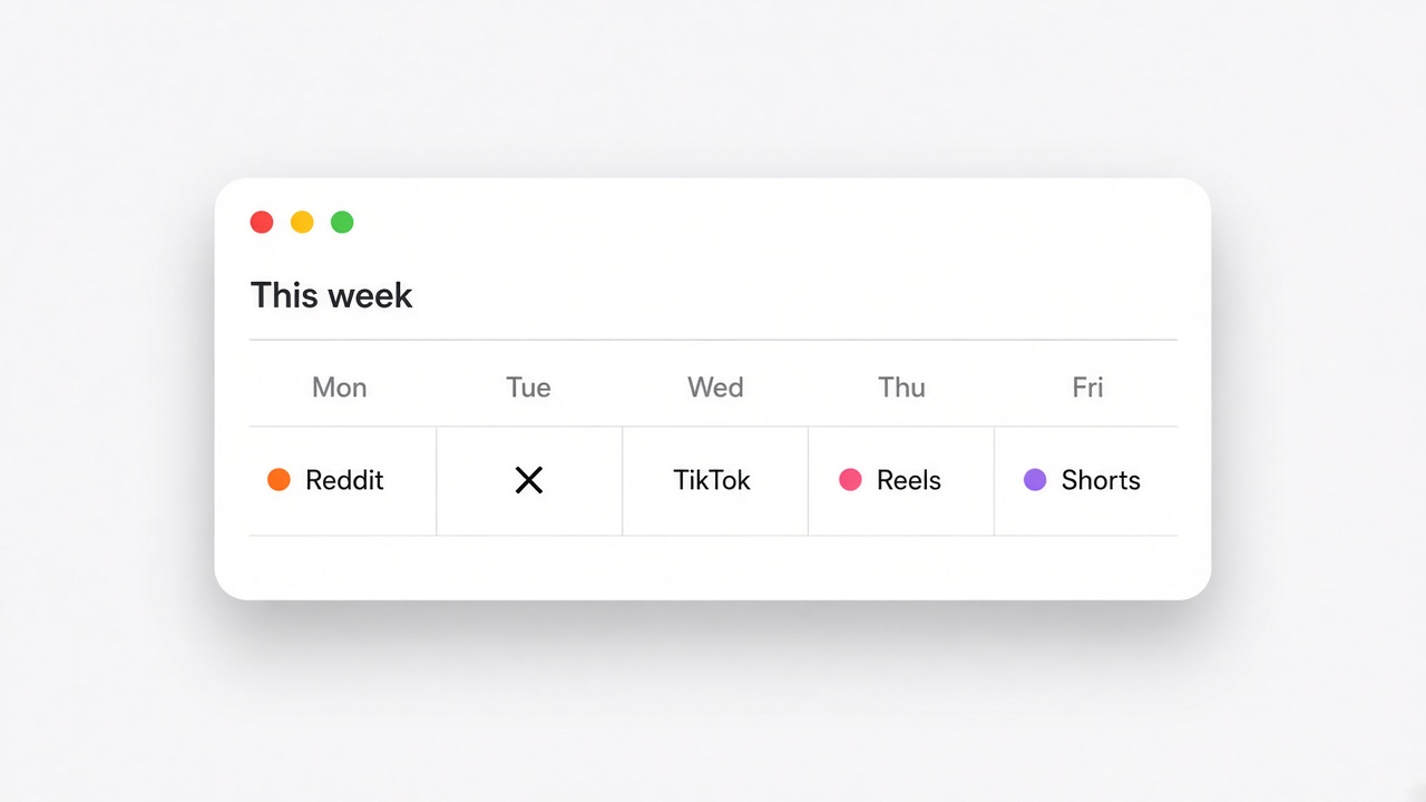 A week lined up across Reddit, X, TikTok, Reels, and Shorts