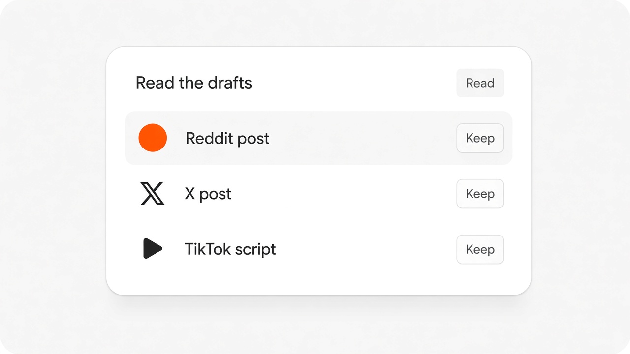 Reddit, X, and TikTok drafts waiting to be kept
